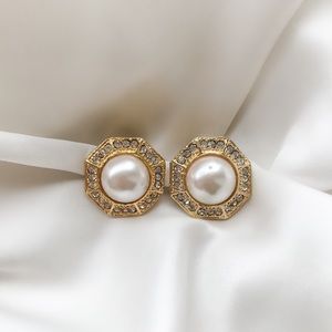 Vintage Diamond Pearl Clip-On Button Earrings